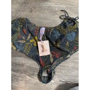 Savage X Fenty Metallic Floral Side Tie Thong Blue Shimmer Lingerie Small NWT